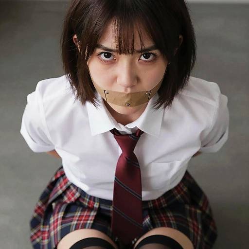 Photograph of a Japanese woman with short black hair, bound and gagged with tape, wearing a white shirt, red tie, and plaid skirt
