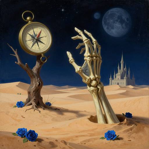 Surreal digital art: skeletal hand with bones emerging from desert, compass on twisted tree, blue roses, moonlit night, castle in background.