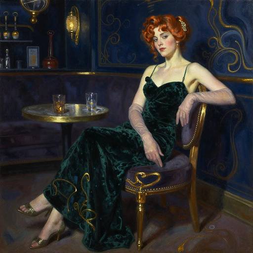 Vintage-style digital painting of a pale-skinned, red-haired woman in a black velvet dress and gloves, sitting elegantly in a dark, ornate