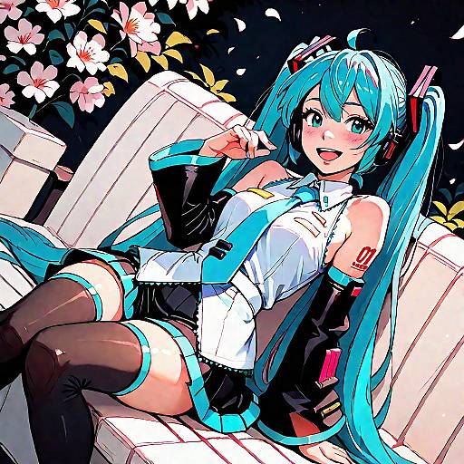 Anime Girl with Turquoise Hair Sitting on Park Bench