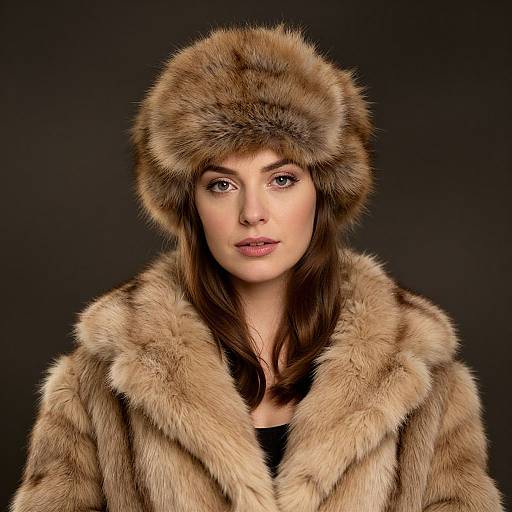 Photograph of a woman with fair skin and brown eyes, wearing a brown fur hat and coat, against a black background.