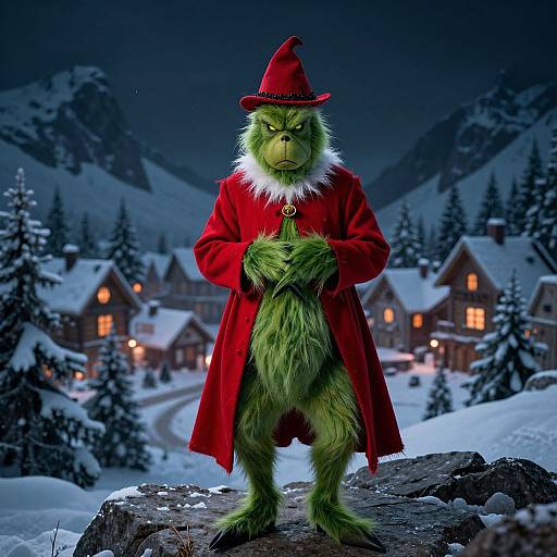 Photograph of a green furry anthropomorphic creature in a red coat and hat, standing on a snowy mountain path, with cozy lit cabins in the snowy