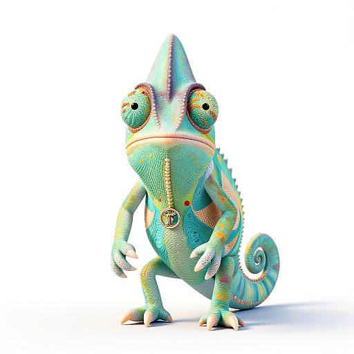 Colorful, cartoon-style CGI chameleon with large, round eyes, multicolored scales, and a curled tail, standing on a white background.