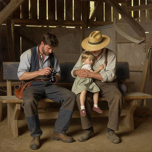 Photograph of a bearded man in a vest and hat, holding a camera, sitting with an older man in a straw hat and a young girl