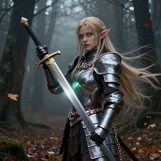 CGI elf woman with long blonde hair, green eyes, and pointed ears, stands in a foggy forest, holding a glowing sword, clad in