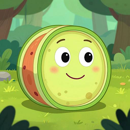 Cartoon-style drawing of a smiling watermelon slice with big eyes, pink cheeks, and green rind, set in a bright, colorful forest.