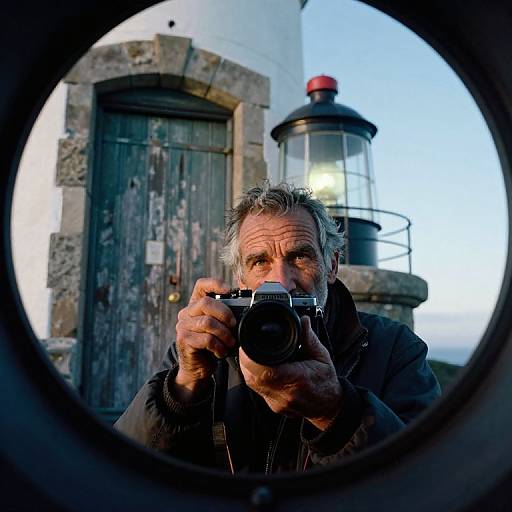 Photograph of an older man with graying hair, holding a camera, seen through a circular window, with a weathered wooden door and lighthouse