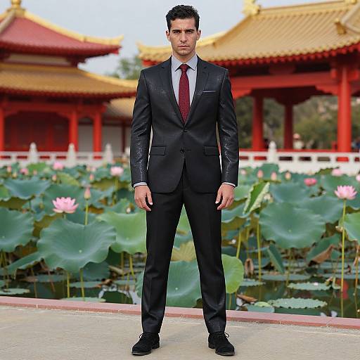 Photograph of a serious, dark-haired man in a black suit with a red tie, standing in front of a traditional Chinese garden with red-roof