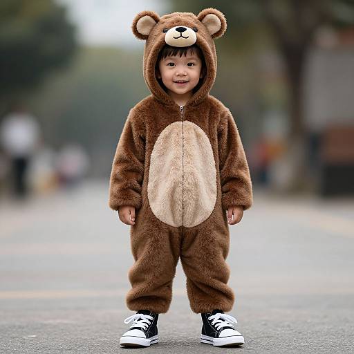 Photograph of a smiling Asian toddler in a brown bear onesie with a beige belly, black and white sneakers, standing on a blurred street.