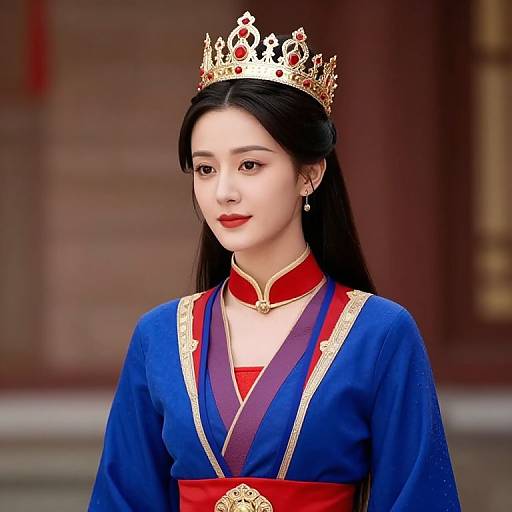 Regal Woman in Blue and Red Attire
