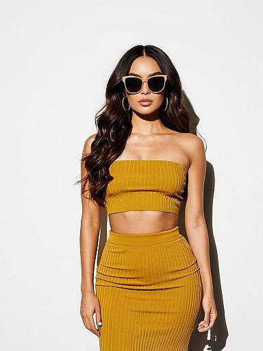 Woman in Mustard Ribbed Two-Piece Outfit