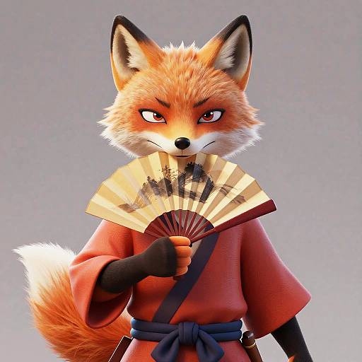 Digital CGI of an anthropomorphic fox with orange fur, wearing a red kimono and holding a folding fan, with a stern expression.