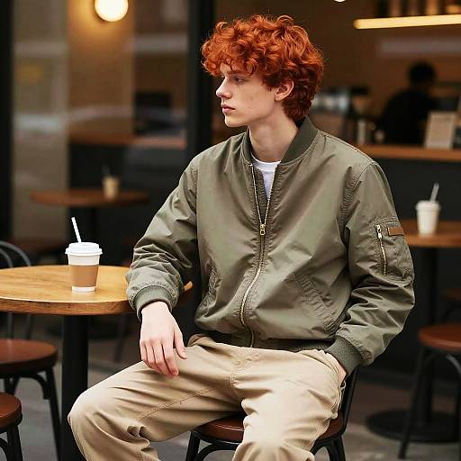 Young Man with Fiery Red Hair in Casual Outfit at Café