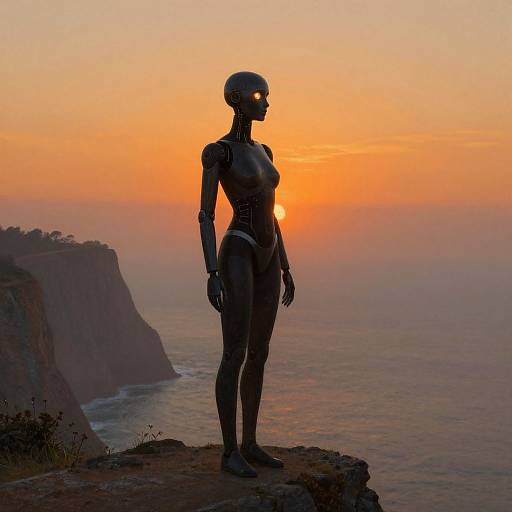 Silhouetted humanoid robot with glowing eyes stands on cliff at sunset, overlooking ocean and cliffs in digital artwork.