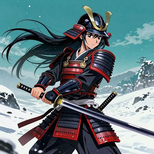 Anime-style digital drawing of a fierce female samurai with long black hair, wearing red and black armor, holding a sword, standing in snowy mountains under