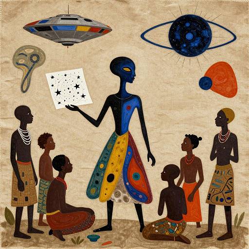 Digital illustration of African tribe with dark skin, colorful traditional clothing, and celestial objects, featuring a central figure holding a starry card. Background is textured