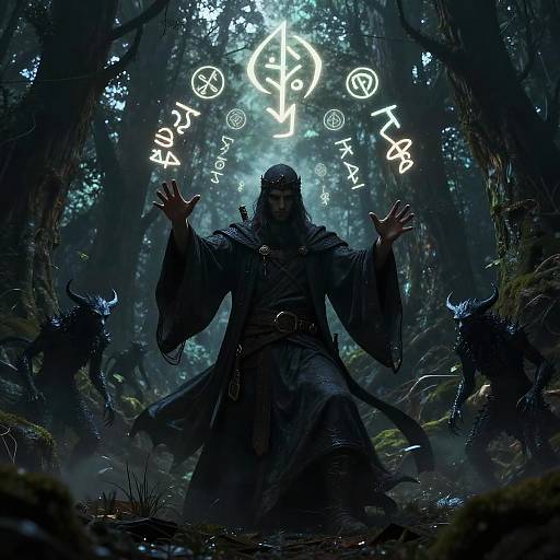 Digital fantasy artwork: Dark-robed, hooded sorcerer with glowing runes and symbols above, hands raised, surrounded by shadowy forest creatures in a