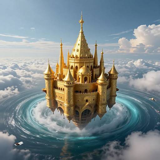 Digital illustration of a golden, floating, medieval castle with multiple spires, surrounded by a swirling blue vortex, set against a bright, cloudy sky.