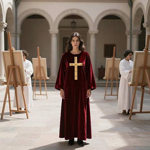Elegant Woman in Velvet Robe in Courtyard