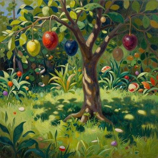 Vibrant digital painting of a sunlit tree with colorful, hanging orbs, surrounded by lush greenery and whimsical flowers in a magical garden.