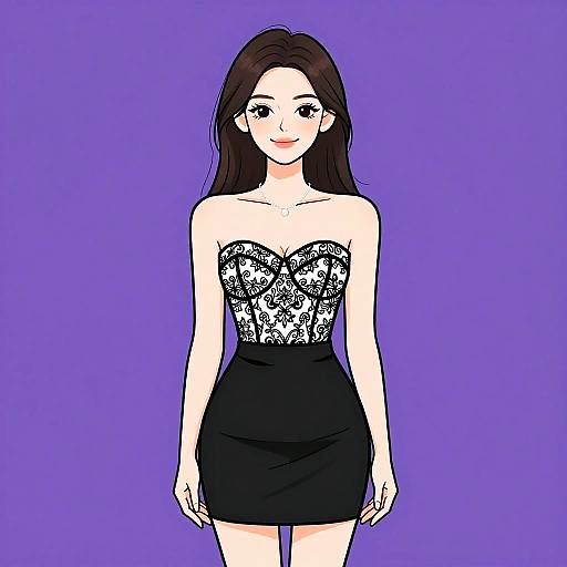 Digital anime-style drawing of a fair-skinned woman with long brown hair, wearing a black lace strapless top and black skirt, against a solid purple