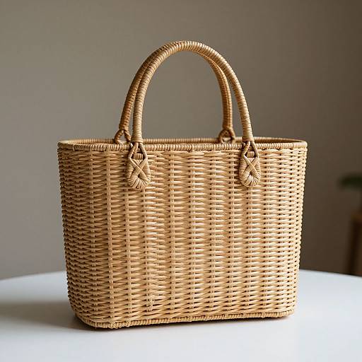Photograph of a beige, rectangular wicker basket with two sturdy handles, set on a white surface against a softly lit, neutral background.
