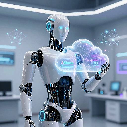 Photorealistic CGI of a white, futuristic female robot with glowing blue eyes and holographic screens on chest, holding a glowing orb, in a modern