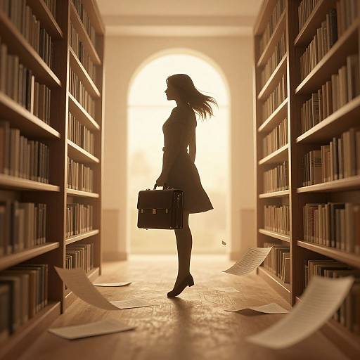 Silhouetted woman in a skirt and holding a briefcase walks down a sunlit library aisle between tall, shadowed bookshelves. Sc