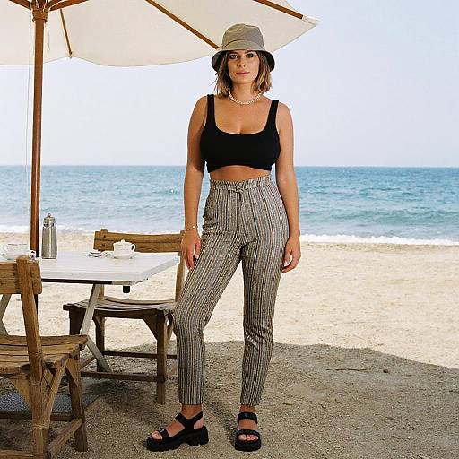 Photograph of a woman in a black crop top, gray-striped high-waisted pants, and bucket hat, standing on a beach with wooden tables