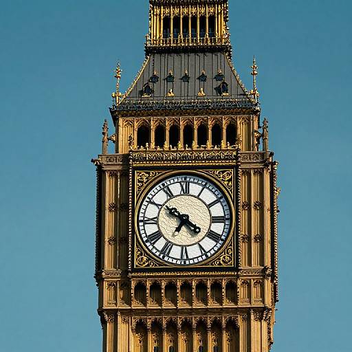 Photograph of the iconic Big Ben clock tower against a clear blue sky, showcasing its ornate gold detailing and large white clock face with black Roman numer