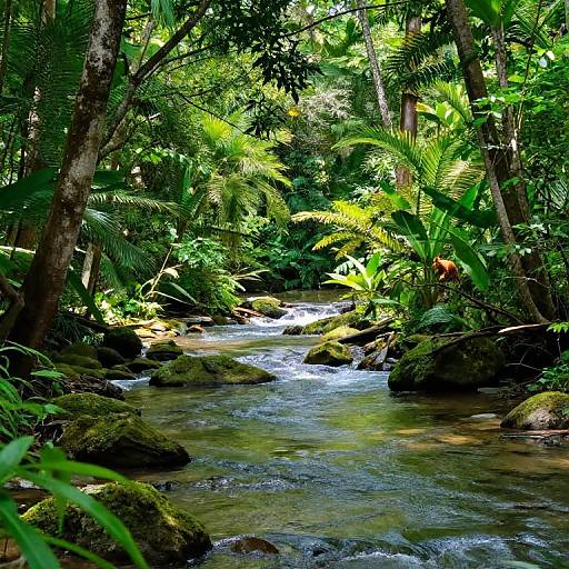 Photograph of a lush, dense jungle stream with clear, flowing water, surrounded by vibrant green ferns, moss-covered rocks, and tall trees.