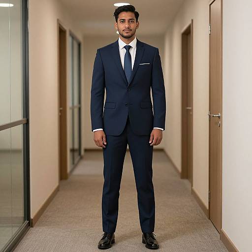 Photograph of a handsome Indian man in a navy blue suit, white shirt, and black tie standing in a modern, carpeted hallway.
