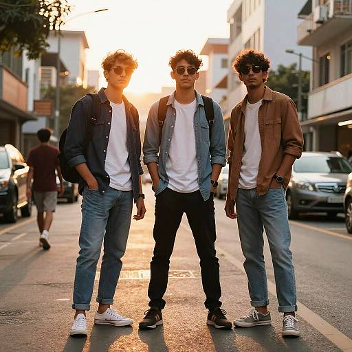 Photograph of three young men with curly hair, wearing sunglasses, denim jackets, white shirts, and jeans, standing on a sunlit urban street at