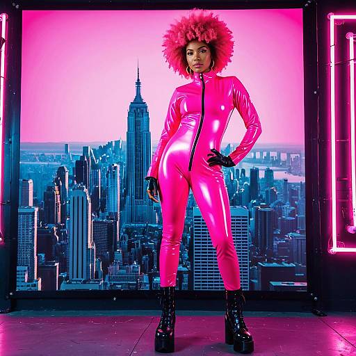 Woman in Neon Pink Latex Catsuit with Cityscape Background
