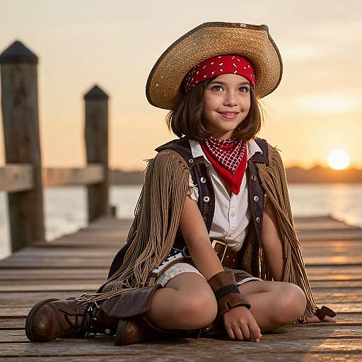 Photograph of a smiling young girl with brown hair, wearing a cowboy hat, red bandana, fringed vest, and shorts, sitting on a