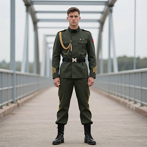 Photograph of a young, serious-looking man in a dark green military uniform with gold chains, standing on a steel bridge.