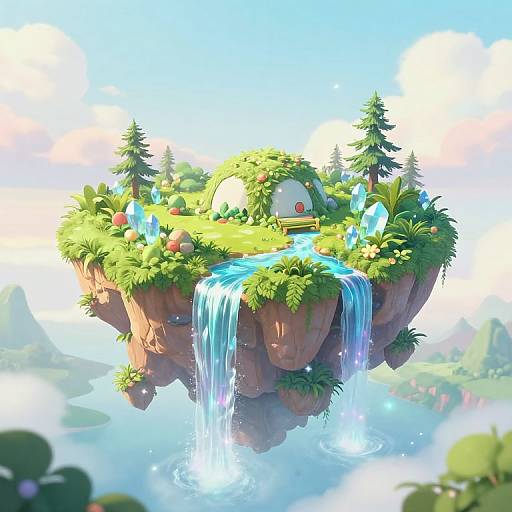 Fantasy CGI image of a floating, lush island with a waterfall, small house, trees, and glowing crystals, set in a bright, cloudy sky