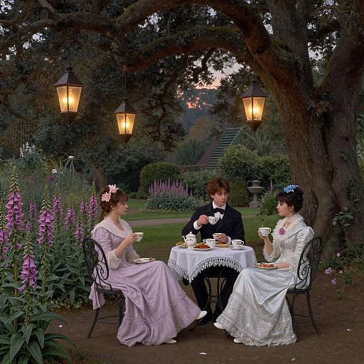 Photograph of three Victorian-era dressed individuals, two women in pastel dresses, one man in black suit, sitting under a tree, surrounded by pink