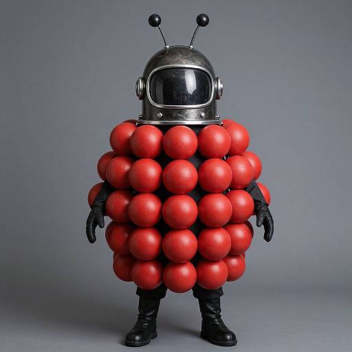 Photograph of a person in a metallic helmet with antennae, wearing a body covered in bright red, spherical foam balls, black gloves, and boots