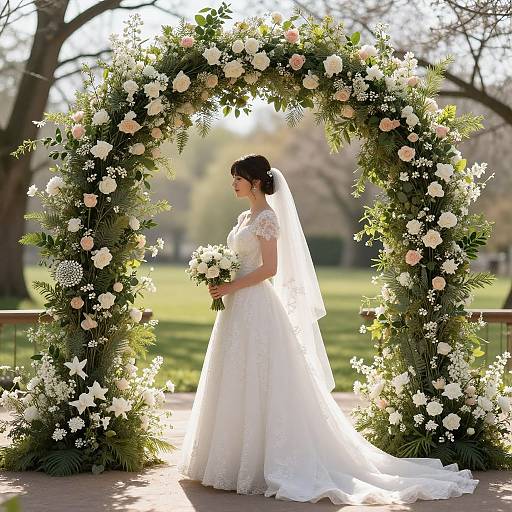 Photograph of a bride in a white lace wedding dress and veil, holding a bouquet, standing under a lush floral arch in a sunlit park.