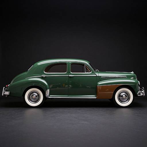 Photograph of a vintage, dark green classic car with white-walled tires, chrome accents, and a brown side panel, set against a black background