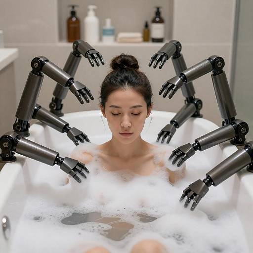 Woman Relaxing in Bathtub with Robotic Arms