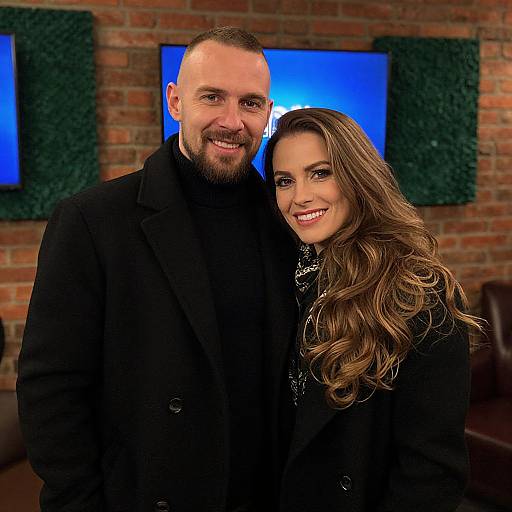 Photograph of a smiling, bearded man in a black coat standing closely beside a smiling woman with long, wavy brown hair, both wearing black