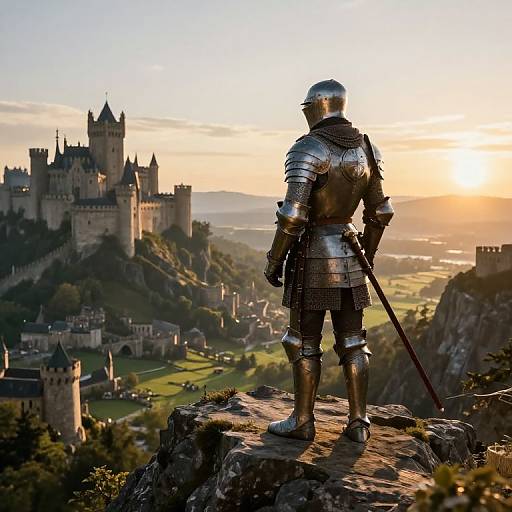 Knight in shiny silver armor with helmet stands on rocky cliff, overlooking a sprawling medieval castle city at sunrise. Photorealistic digital art.