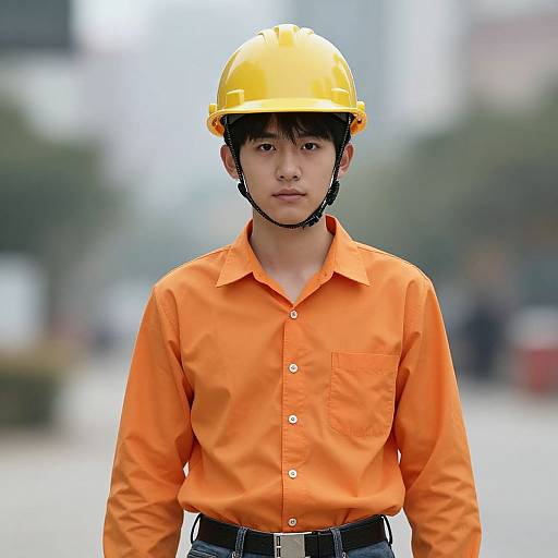 Photograph of an Asian male wearing an orange shirt, yellow safety helmet, and black belt, standing in a blurred urban background.