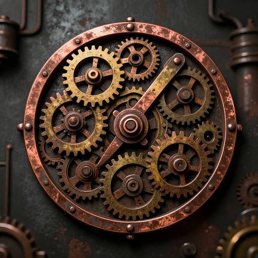 Photograph of intricate, steampunk-style gear mechanism with copper and gold gears, set against a dark, textured background with rusted metal elements.