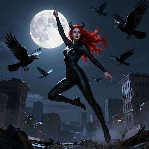 Digital artwork of a red-haired woman in a black latex catsuit, mid-leap, pointing at a full moon, surrounded by black crows,