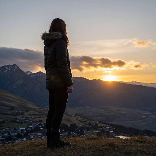 Photograph of a person with long hair in a dark winter jacket, standing on a grassy hill, facing a sunset over mountains and a small town