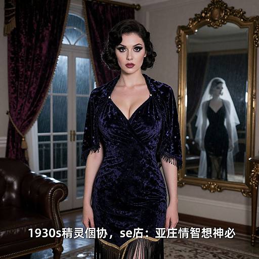 Photograph of a pale-skinned woman with dark, wavy hair in a deep V-neck, black fringe dress, standing in an opulent room