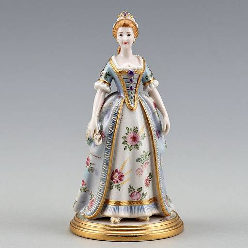 Photograph of a detailed porcelain doll in a blue and white floral gown with gold trim, wearing a crown, standing on a gold base.